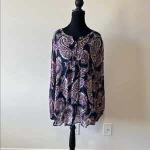 Lucky Brand Sheer Bohemian Navy and Purple Paisley Blouse Size 1X